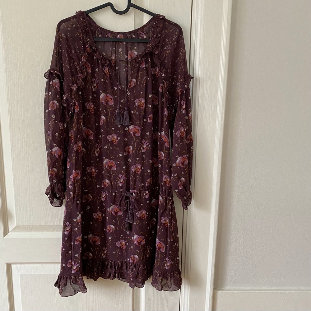 $545 Ulla Johnson Burgundy Floral Print Tassels Ruffle Long Sleeve Silk Dress 2